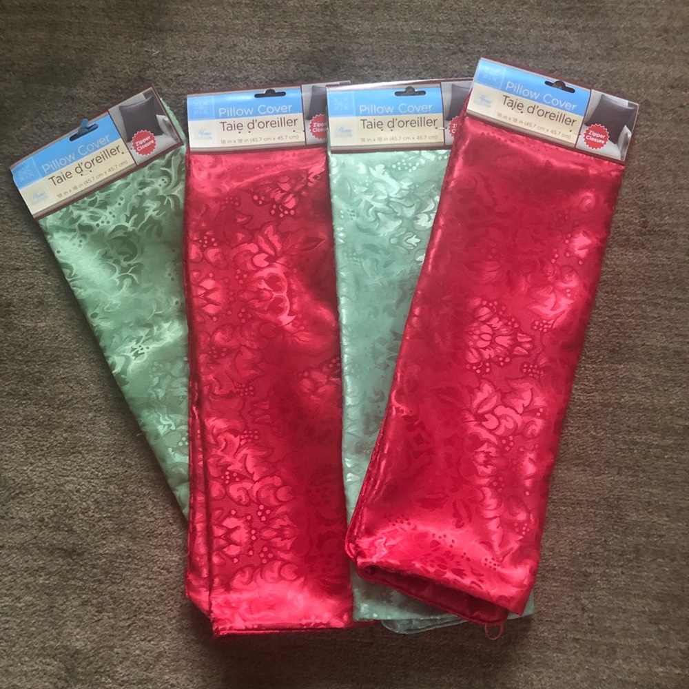 4 Christmas shiny sheen pillow covers 18x18 2 green & 2 red